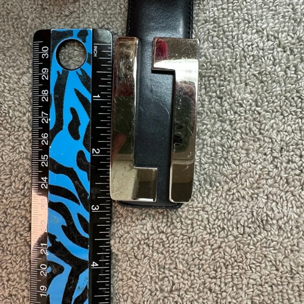 Mezlan Mens Black Leather Belt Silver Geometric Buckle Made in Spain Size 30